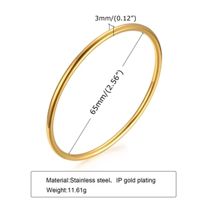 Detail view of 3mm gold stainless steel bangle with dimensions and product specifications