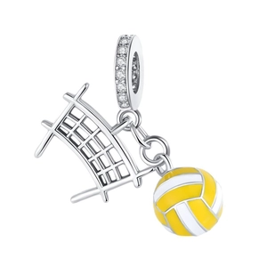 Silver volleyball charm with net design and sparkling crystals for DIY jewelry making