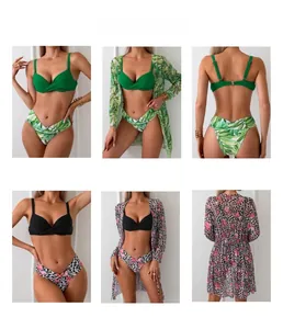 Detailed views of three-piece bikini sets with tropical and leopard print mesh cover-ups