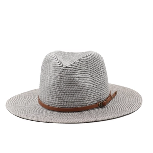 Gray straw fedora hat with brown leather band and metal buckle for summer sun protection