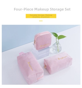 Detailed set of pink flannel makeup bags with gold embroidery and premium zippers