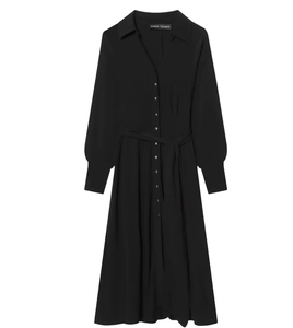 Flat lay of a black long-sleeved midi shirt dress with metal buttons and a waist belt