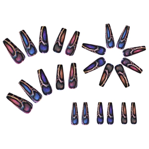 Detail view of long coffin press-on nails with multi-size colorful snakeskin pattern set