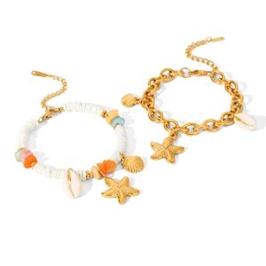 18k gold plated stainless steel starfish and seashell charm bracelet with colorful beads