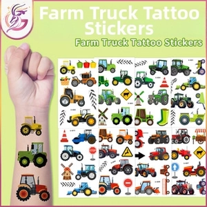 Detailed set of colorful farm truck and tractor temporary tattoos for kids party