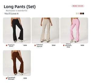 Détails du pantalon de yoga évasé taille haute en noir, abricot, rose et marron