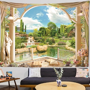Detail of a European garden tapestry featuring archway and sea view in a modern living room