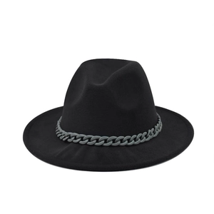 Detail shot of a black wool fedora featuring a decorative dark grey chunky metal chain