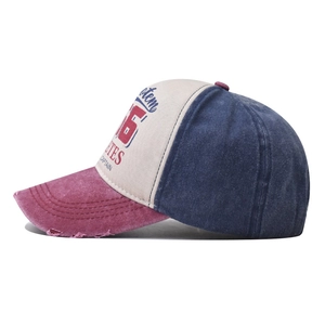 Retro washed colorblock baseball cap with distressed brim and vintage letter prints