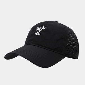 Quick-dry black baseball cap with palm tree embroidery and laser-cut side vents