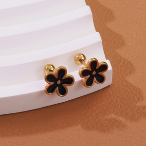 Elegant gold-edged black enamel flower stud earrings with secure screw-back design