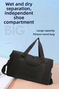Detail of travel bag showing dry-wet separation pocket and separate shoe compartment