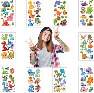 Close-up of waterproof colorful dinosaur tattoos on a girl's arm for party fun
