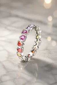 Macro view of S925 silver ring featuring multi-colored heart-shaped cubic zirconia stones