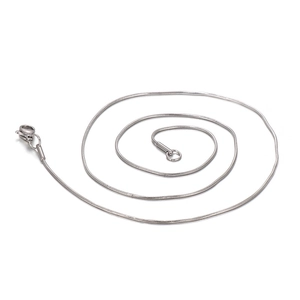 Polished silver stainless steel snake chain necklace with lobster clasp on white background