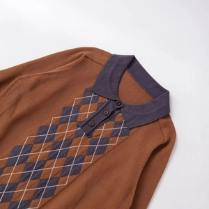 Men's retro brown argyle knit polo shirt with grey collar and three-button placket