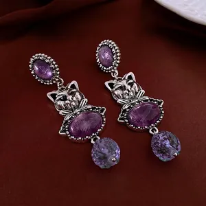Vintage cat pendant earrings with purple oval stones and antique silver finish
