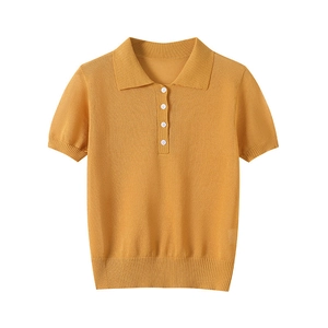 Women Knit Polo Short Sleeve Top Elegant Solid Ginger Button Neck Casual Sweaters Lightweight Ribbed Trim Soft