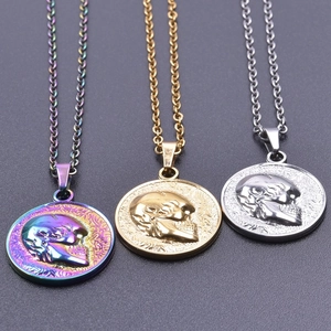 Detailed close-up of skull relief pendants in gold, silver, and iridescent finishes
