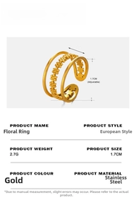 Detail view of adjustable gold flower ring with three-layer band and size specifications
