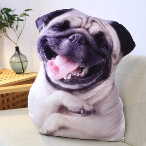 Realistic Pug dog plush pillow on a beige sofa in a minimalist living room setting