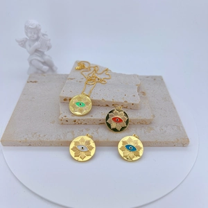Evil Eye Pendant Copper Gold Plated Enamel Round Medallion Vintage Retro Style Protective Amulet Jewelry For Women