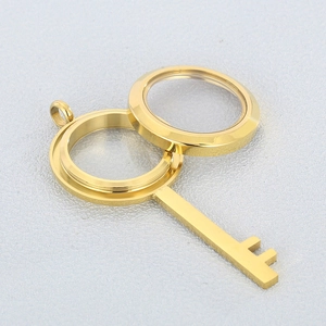 Polished gold stainless steel key-shaped locket pendant with openable glass frame