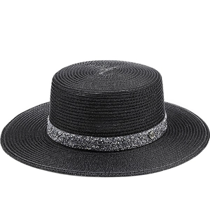 Chapeau De Paille Canotier Femmes À Bord Plat Avec Ruban Strass Respirant Large Bord Plage Été Voyage Accessoires