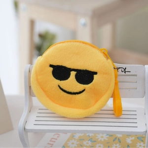 Plush yellow round coin purse with cartoon sunglasses emoji face and yellow hook