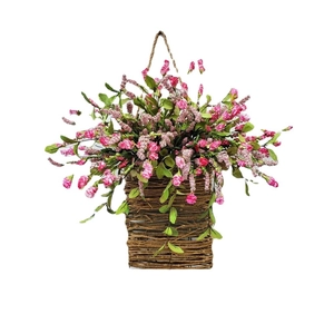 Wall-mounted pink berry and wildflower basket hanging wreath for home door decoration