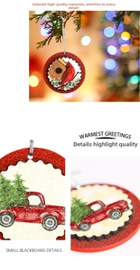Close-up of wooden Christmas ornaments featuring vintage cardinal and red truck designs