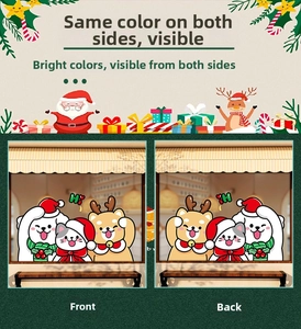 Detailed view of double-sided Christmas window stickers with colorful pet motifs