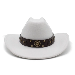 White western cowboy felt hat with a brown leather rivet band and a horseshoe badge