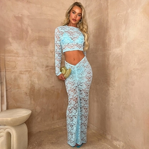 Light blue lace two-piece set featuring long sleeve crop top and bodycon maxi skirt