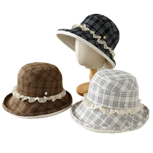 Japanese style plaid sun hat with lace bow and floral accent for women in three colors