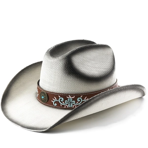 Western Cowboy Hat Vintage Straw Woven Wide Brim With Embroidered Belt And Turquoise Buckle Outdoor Sun Protection For Men