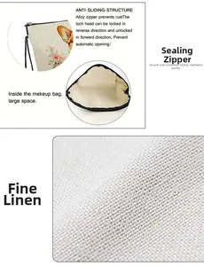 Detail of linen makeup bag showing anti-slip alloy zipper and spacious interior storage