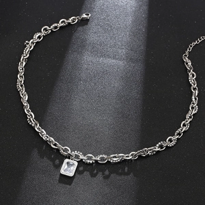 Hip hop silver necklace with rectangular crystal pendant and polished steel chain