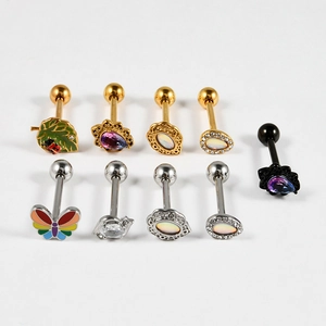 Lot de piercings de langue en acier inoxydable avec papillon, feuille et gemmes