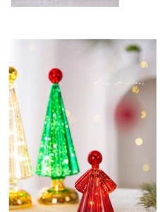 Close-up of glowing glass Christmas trees with ribbed texture and warm LED lights
