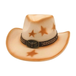 Vintage Western Cowboy Hat With Star Pattern And Bull Head Metal Buckle Wide Brim Faux Felt Sun Protection Outdoor Retro