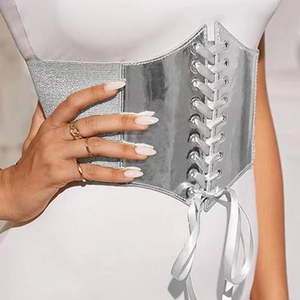 Women silver metallic mirror waist belt with elastic bands and front lace-up design