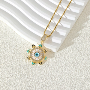 Bohemian Evil Eye pendant necklace with blue enamel zircon sunburst and gold box chain