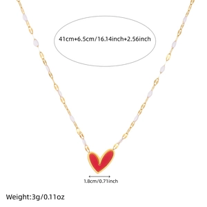 Chic gold-plated stainless steel chain necklace with red acrylic heart pendant and dimensions