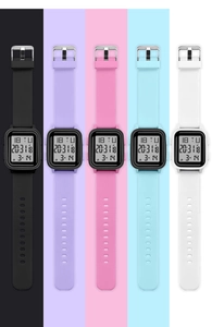 Vertical display of five rectangular digital sports watches in black, purple, pink, blue, white