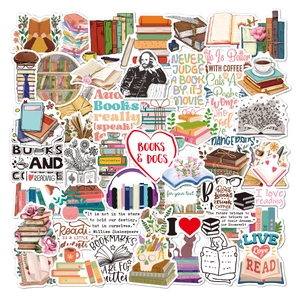 Flat lay collection of waterproof reading stickers featuring books, coffee, and plant motifs