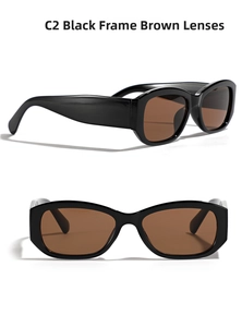 Detail view of retro square black sunglasses frame with premium brown lenses C2 style