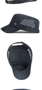 Vista detallada de gorra plana de secado rápido con malla transpirable y hebilla de metal