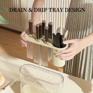 Multifunctional kitchen knife and utensil holder with a clear drainage tray in beige