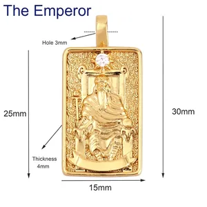 Macro shot of copper zircon tarot card pendant with The Emperor relief and size dimensions
